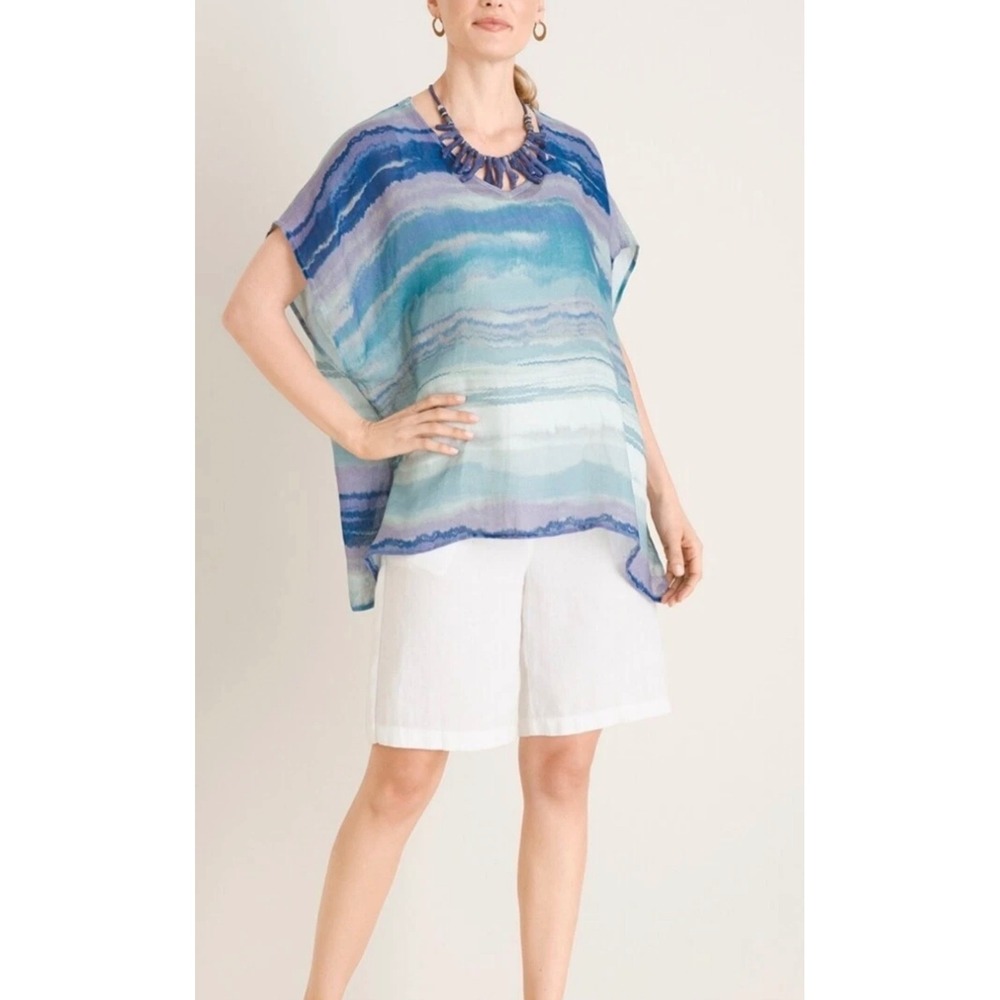Chicos Linen Watercolor Stripe Poncho Top Blue Purple V-Neck Keyhole New